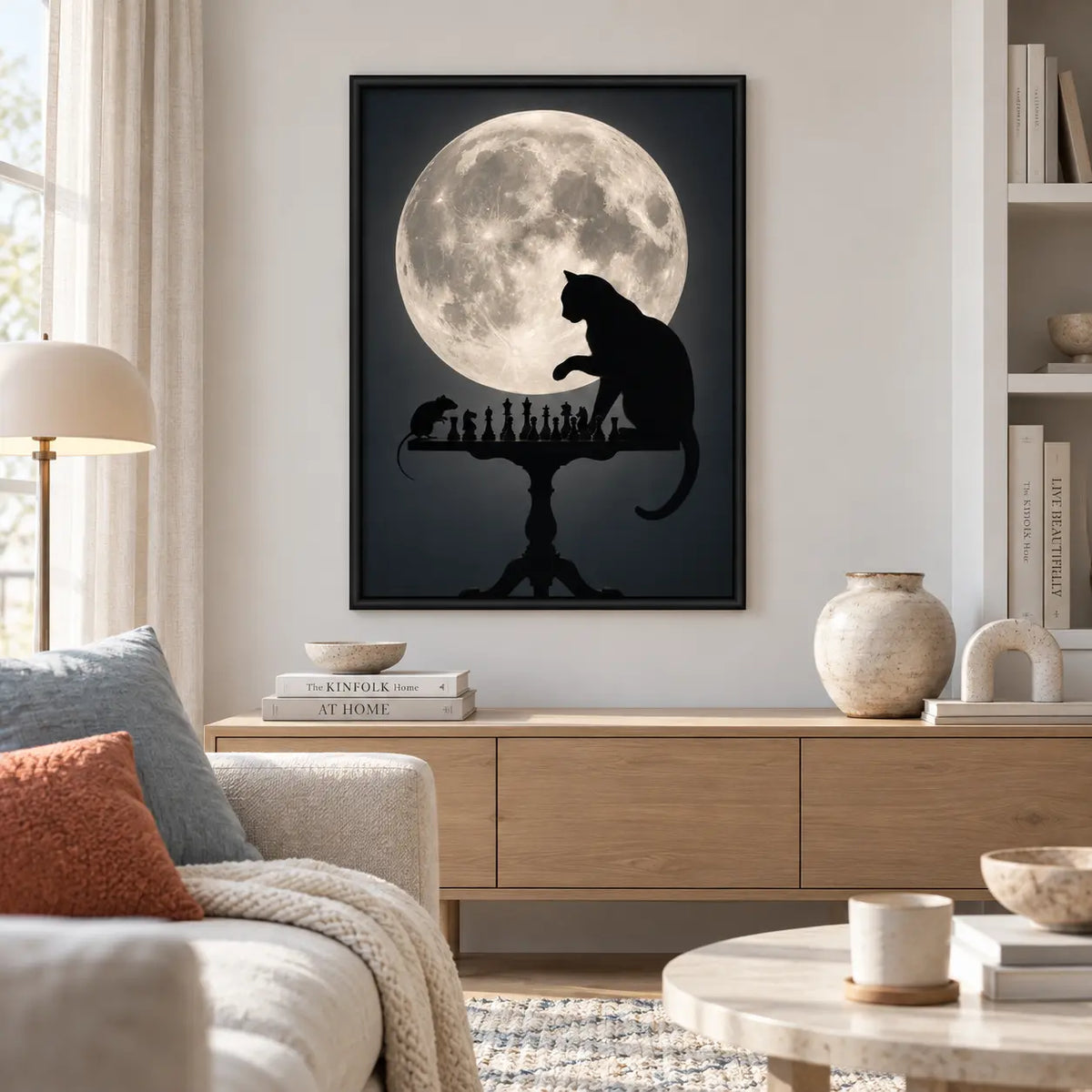 Black Cat Chess Under Full Moon Wall Art 2