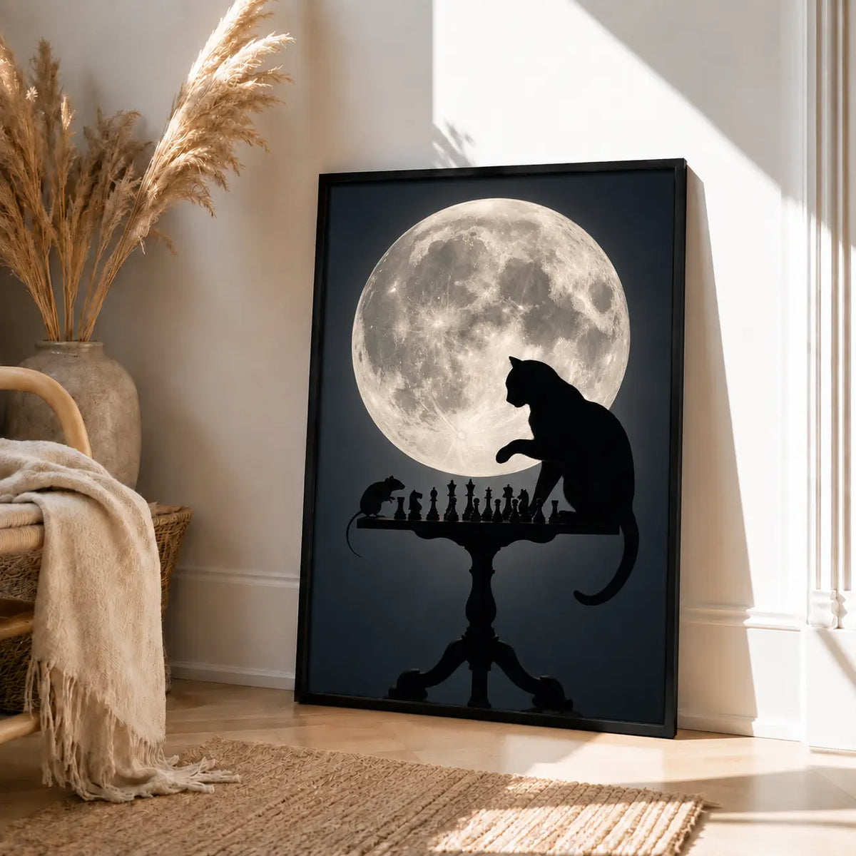Black Cat Chess Under Full Moon Wall Art 4