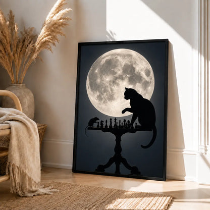 Black Cat Chess Under Full Moon Wall Art 4