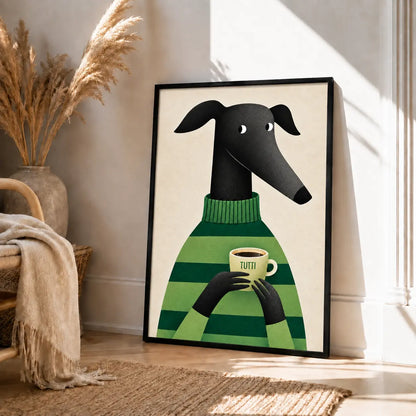 Greyhound with Coffee Wall Art - Cozy Green Sweater Print