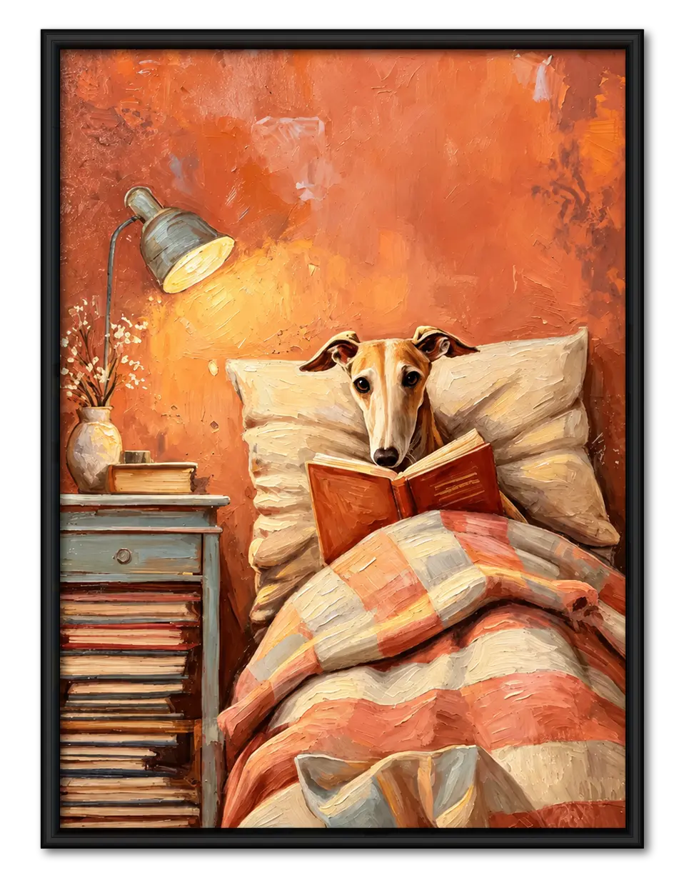 Dog Reading In Bed Cozy Illustration Wall Art 1