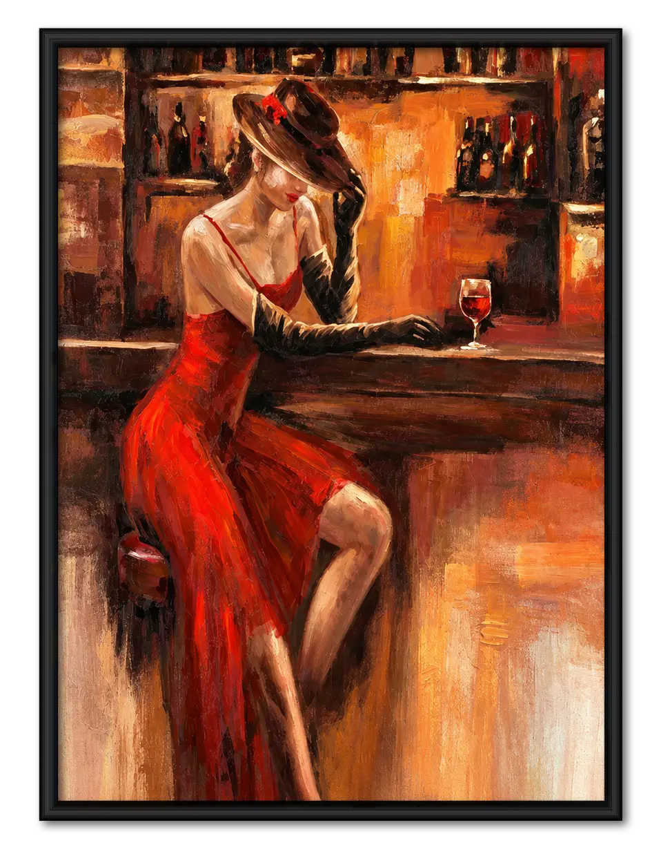 Red Dress Woman At Bar Vintage Painting Wall Art 1