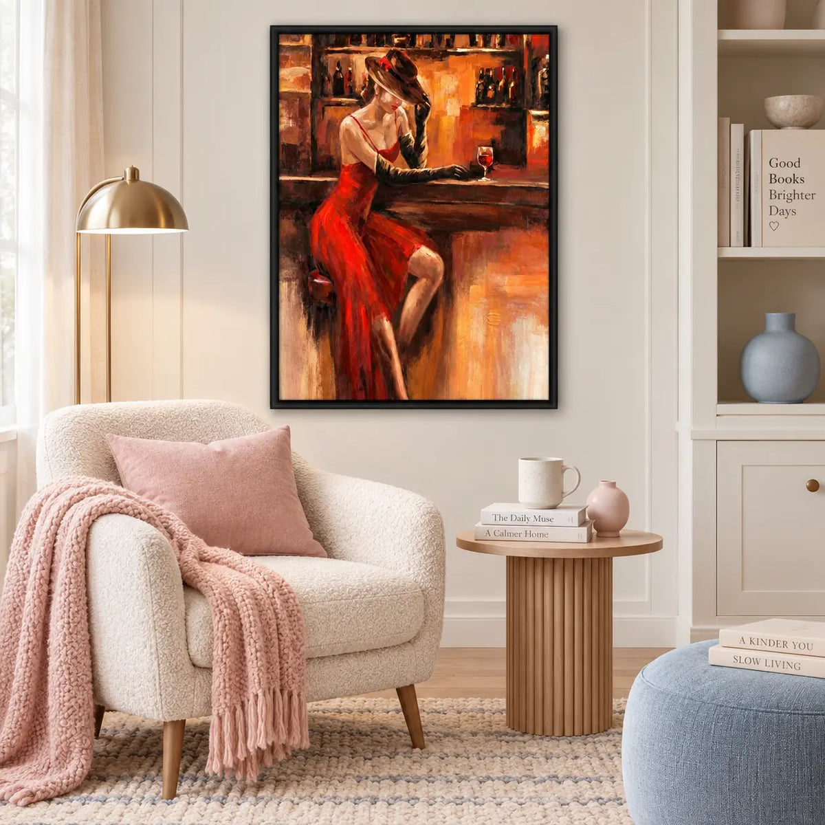 Red Dress Woman At Bar Vintage Painting Wall Art 2
