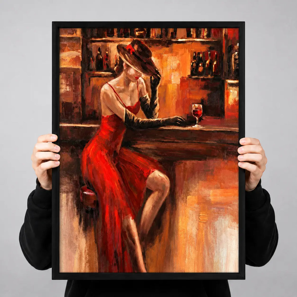 Red Dress Woman At Bar Vintage Painting Wall Art 3