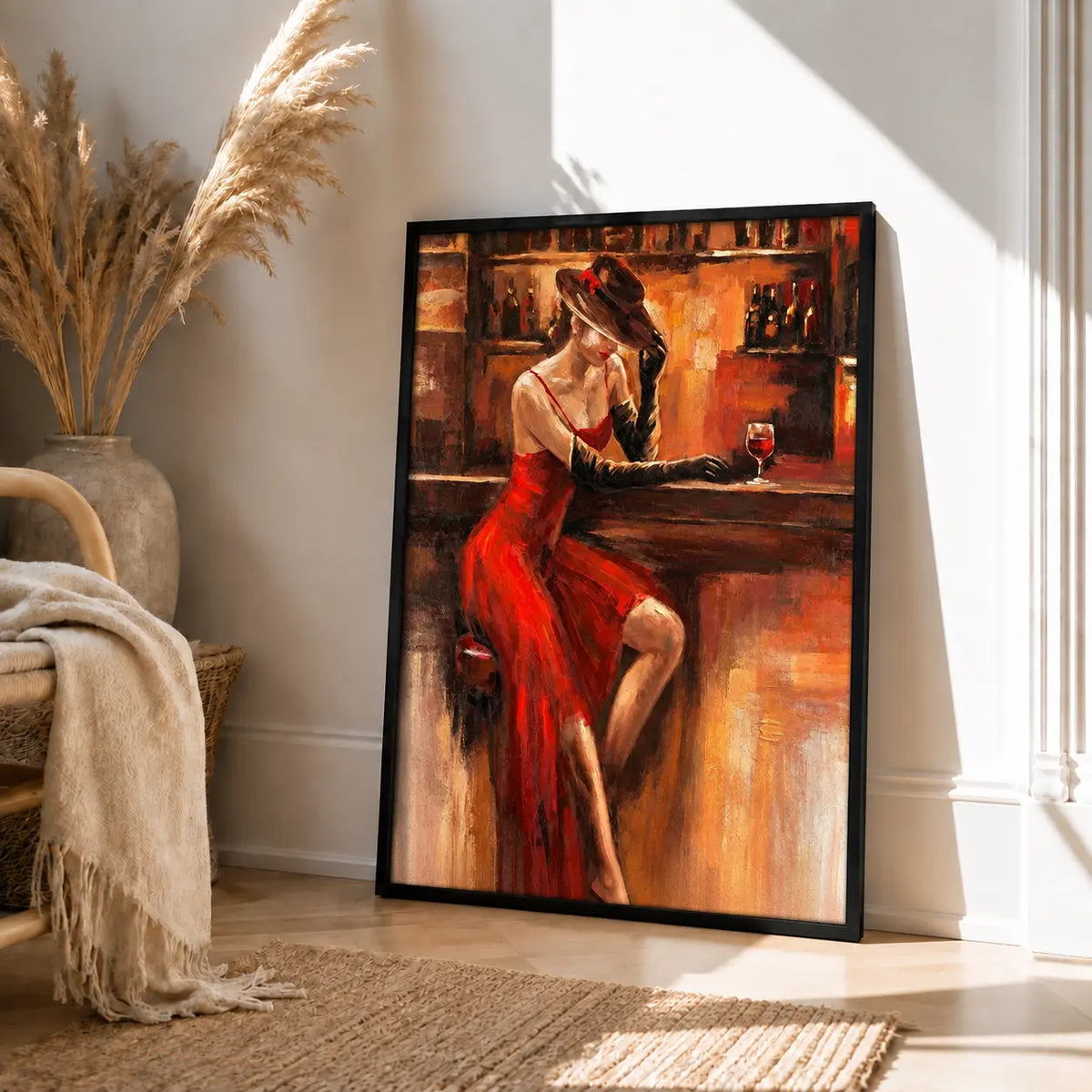 Red Dress Woman At Bar Vintage Painting Wall Art 4