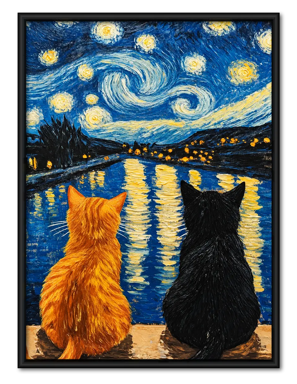 Two Cats Starry Night Lake Painting Wall Art 1