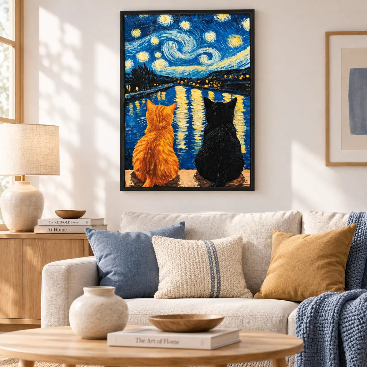 Two Cats Starry Night Lake Painting Wall Art 2