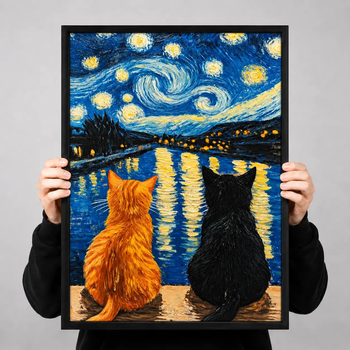 Two Cats Starry Night Lake Painting Wall Art 3
