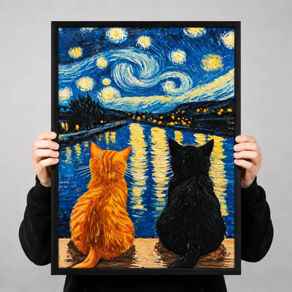 Two Cats Starry Night Lake Painting Wall Art 3