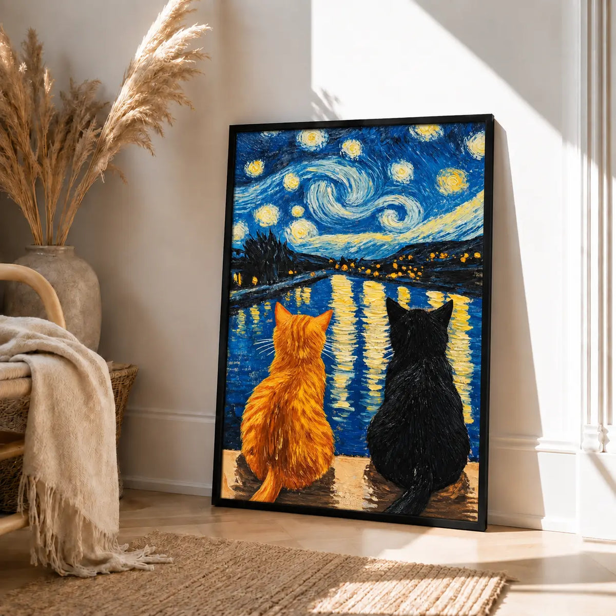 Two Cats Starry Night Lake Painting Wall Art 4