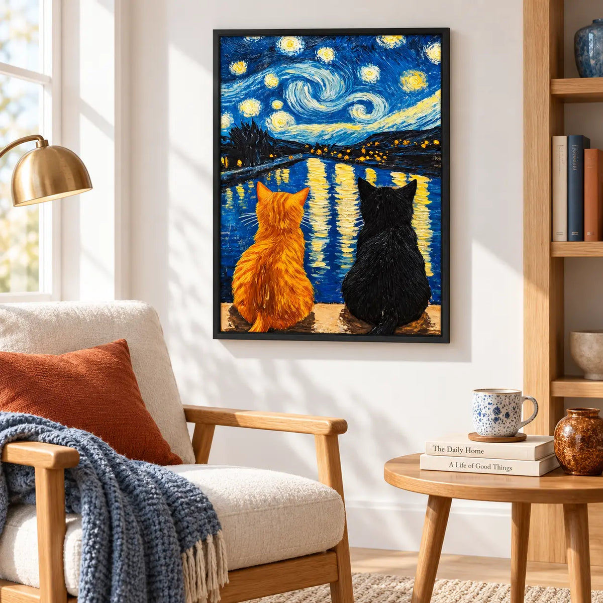 Two Cats Starry Night Lake Painting Wall Art 5