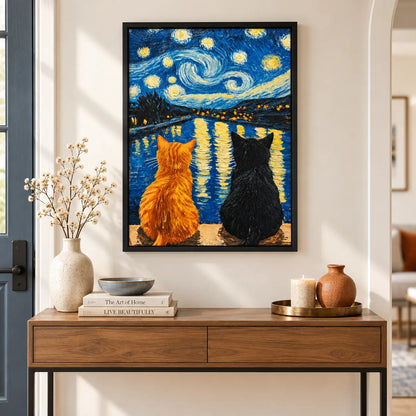 Two Cats Starry Night Lake Painting Wall Art 6