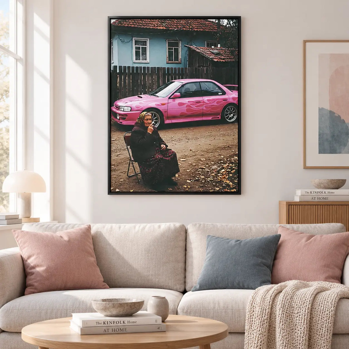 Pink Street Car Retro Photography Wall Art 2