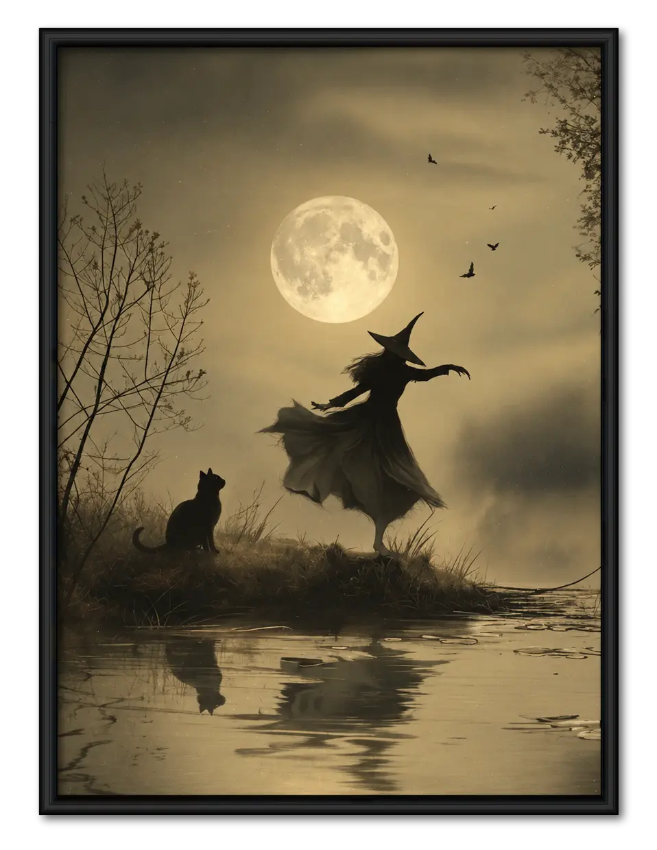 Witch And Black Cat Moonlight Silhouette Wall Art 1