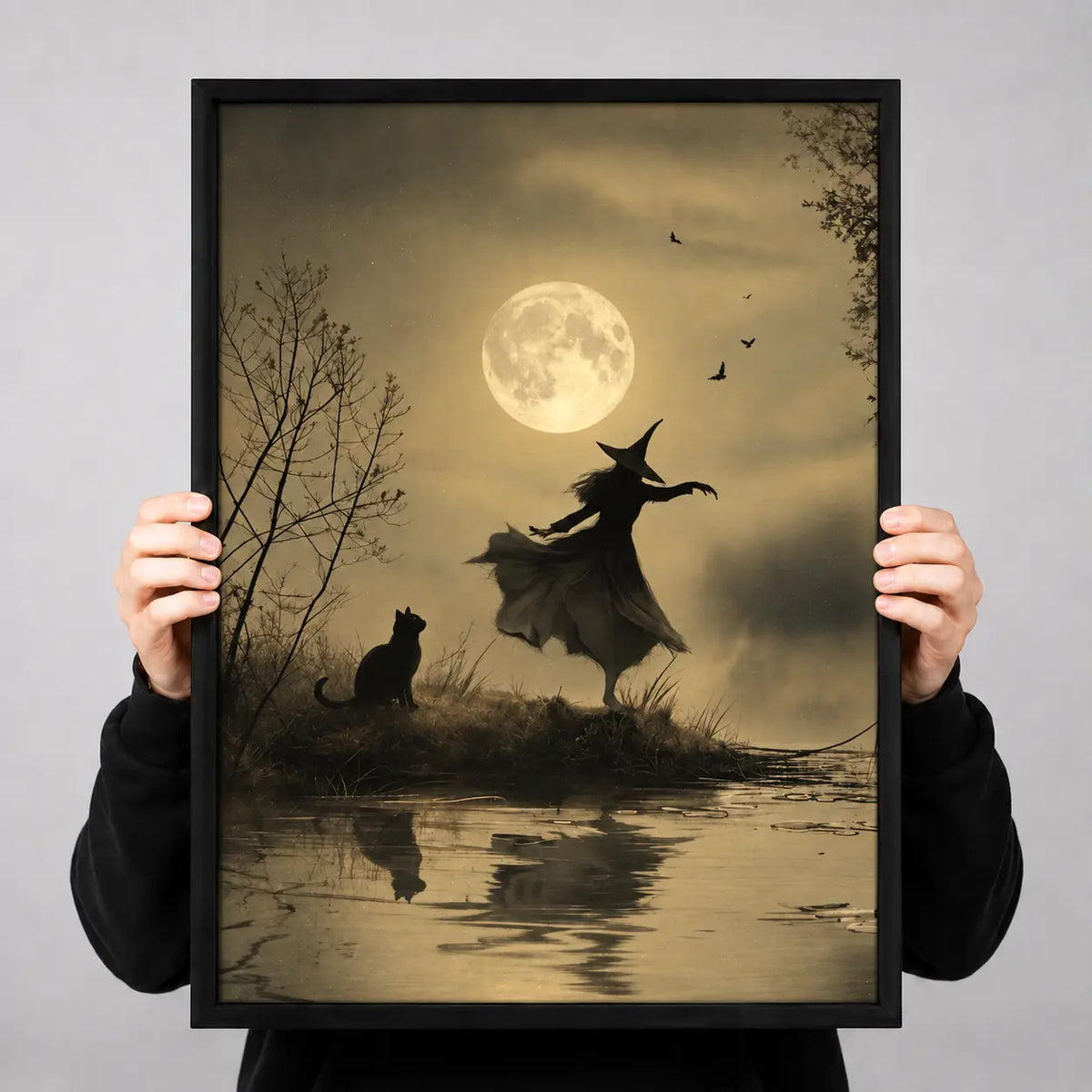 Witch And Black Cat Moonlight Silhouette Wall Art 3