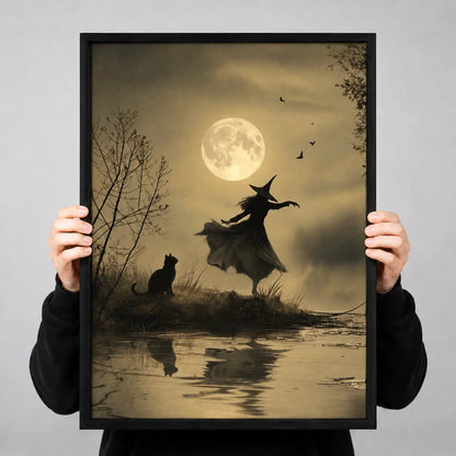 Witch And Black Cat Moonlight Silhouette Wall Art 3