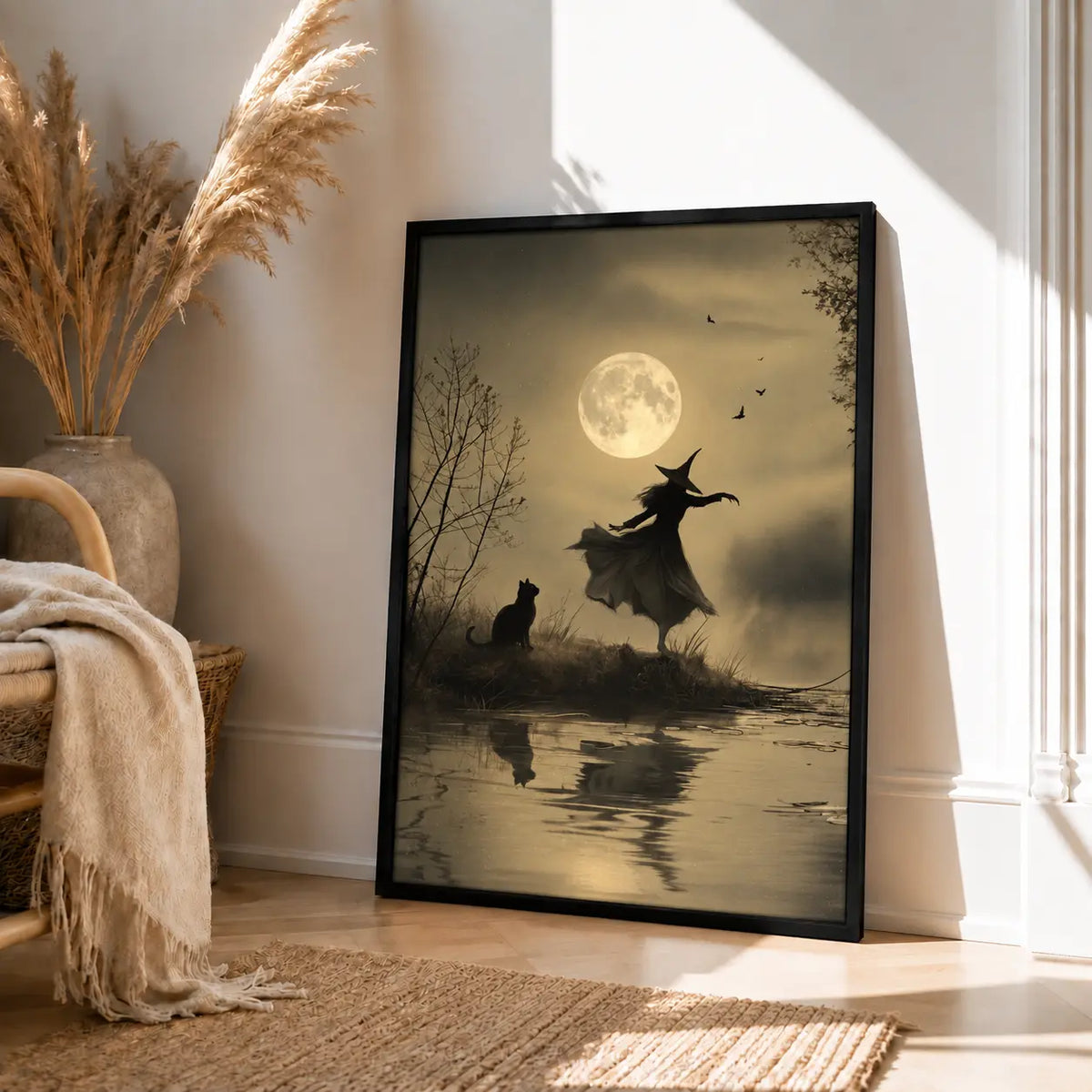 Witch And Black Cat Moonlight Silhouette Wall Art 4