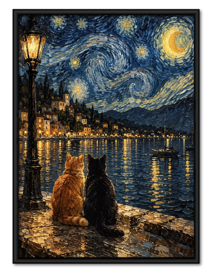 Two Cats Starry Lake Night Painting Wall Art
