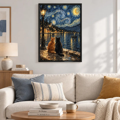 Two Cats Starry Lake Night Painting Wall Art 2