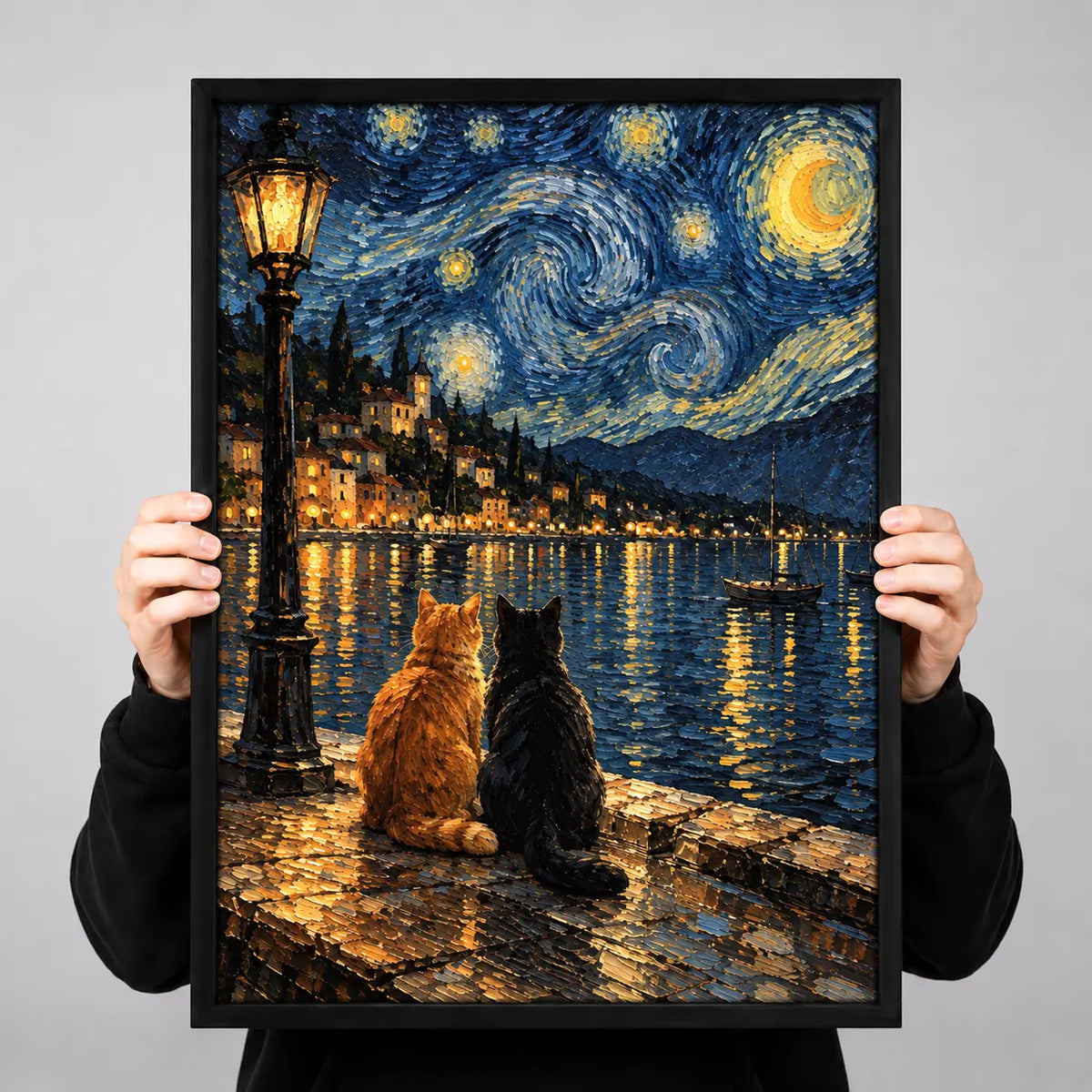 Two Cats Starry Lake Night Painting Wall Art 3