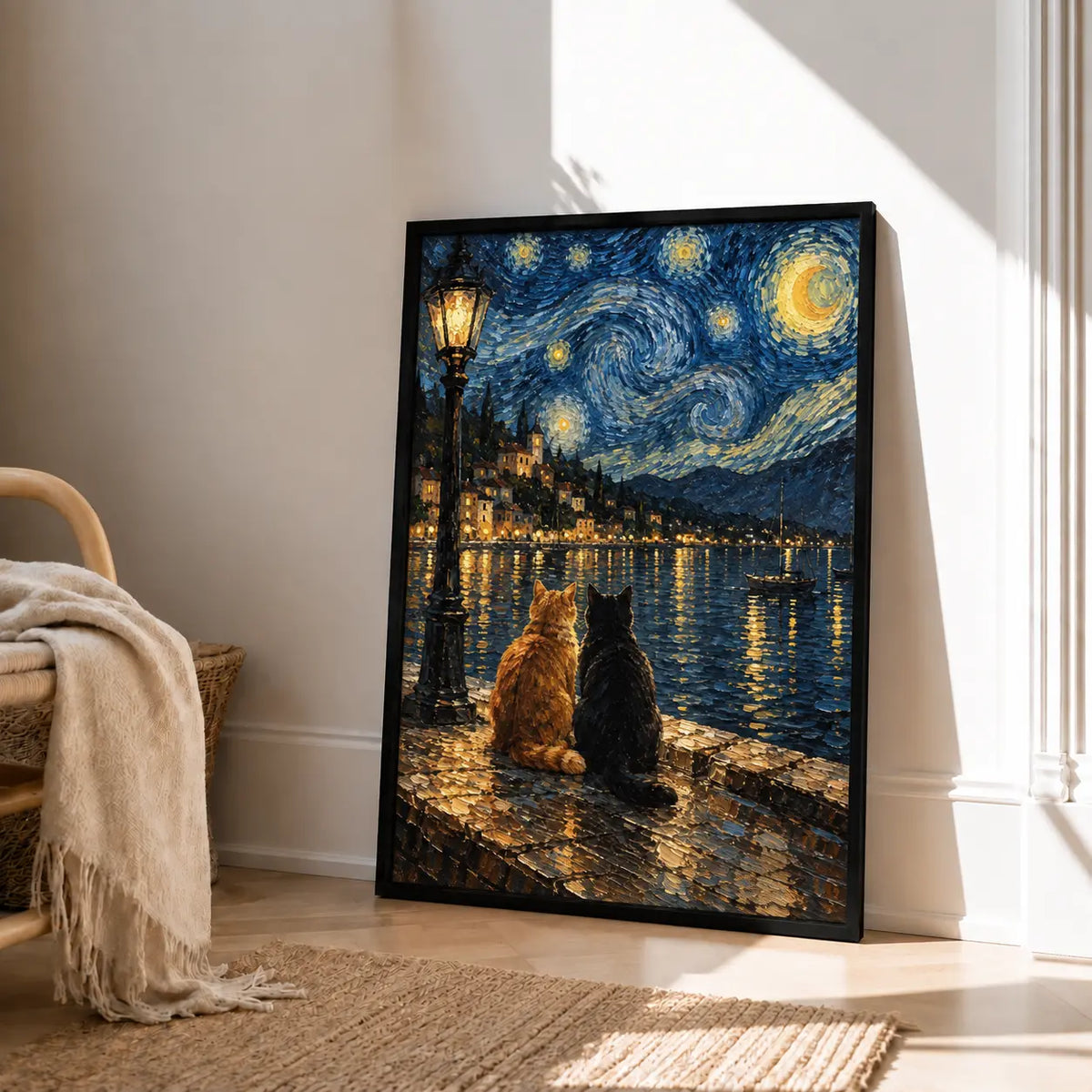 Two Cats Starry Lake Night Painting Wall Art 4