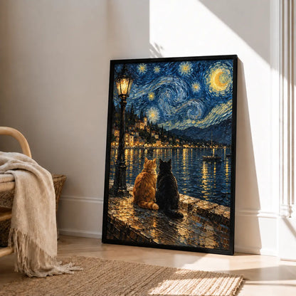 Two Cats Starry Lake Night Painting Wall Art 4