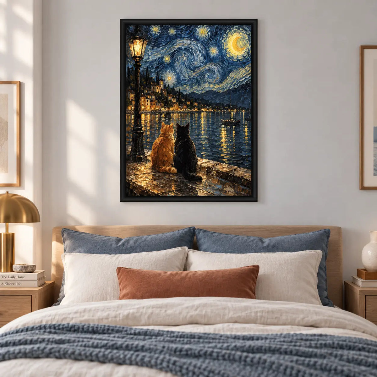 Two Cats Starry Lake Night Painting Wall Art 6