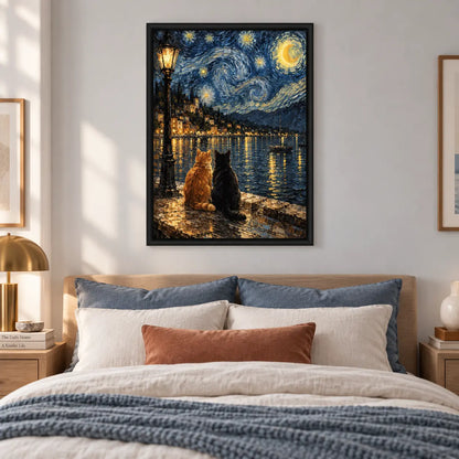 Two Cats Starry Lake Night Painting Wall Art 6