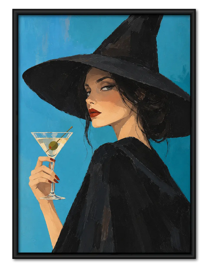 Witch With Martini Blue Background Wall Art 1