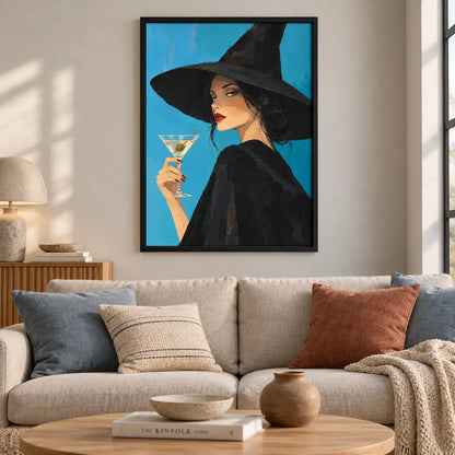 Witch With Martini Blue Background Wall Art 2