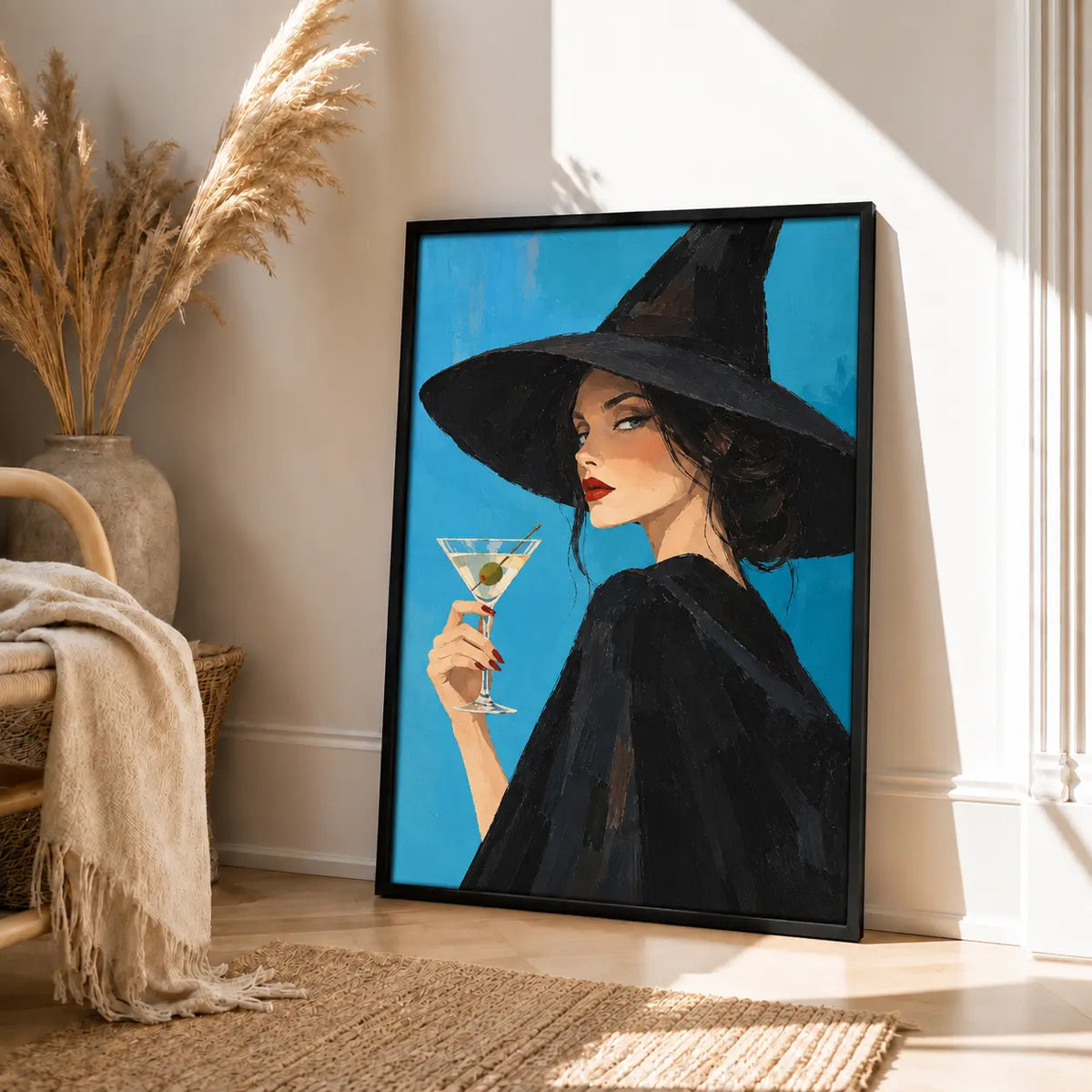 Witch With Martini Blue Background Wall Art 4
