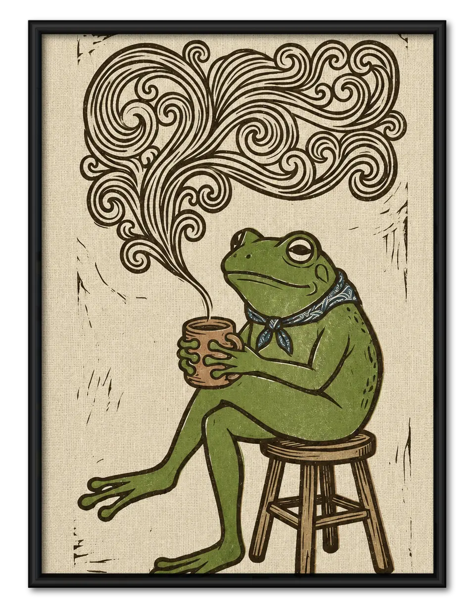 Frog Drinking Coffee Vintage Illustration Wall Art 1