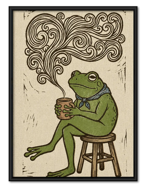 Frog Drinking Coffee Vintage Illustration Wall Art