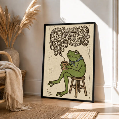 Frog Drinking Coffee Vintage Illustration Wall Art 4
