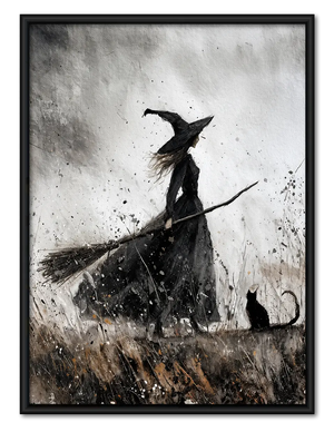 Witch Riding Broom With Black Cat Monochrome Wall Art