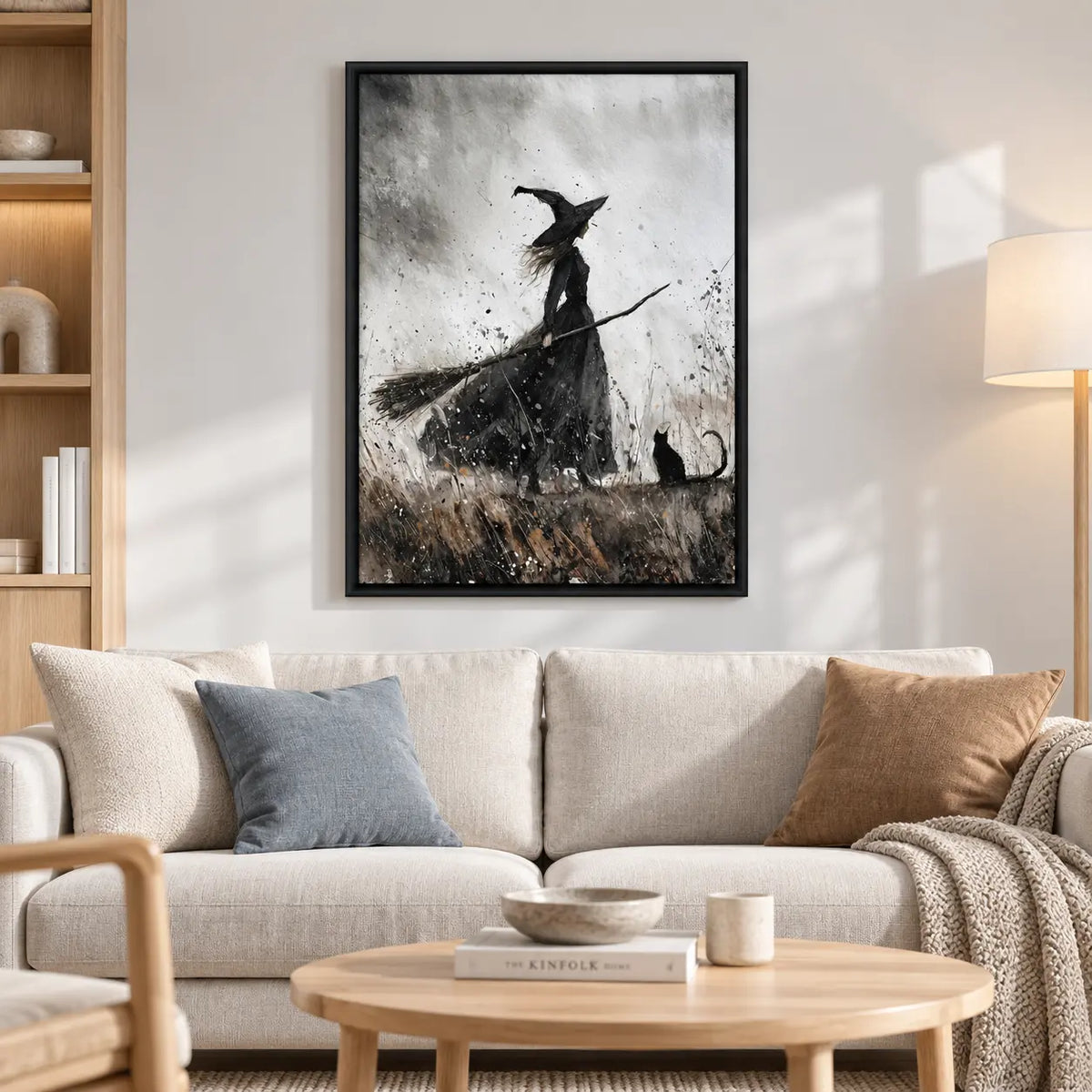 Witch Riding Broom With Black Cat Monochrome Wall Art 2