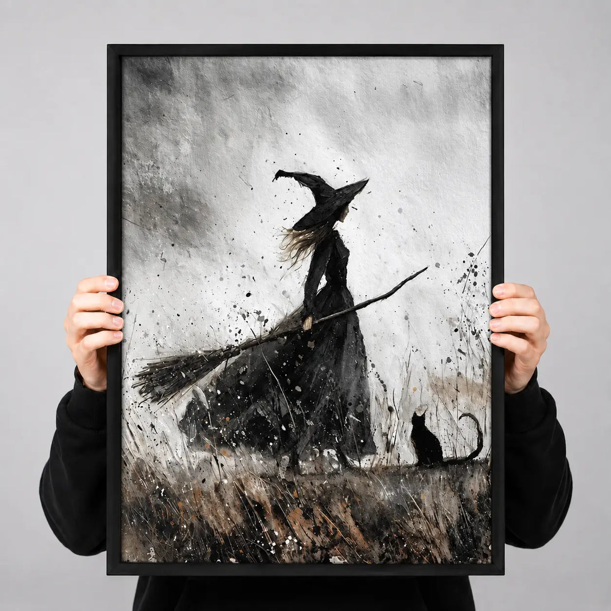 Witch Riding Broom With Black Cat Monochrome Wall Art 3