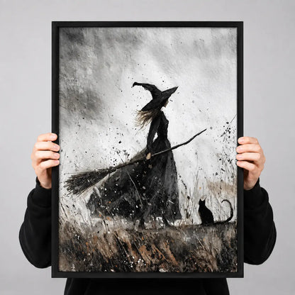 Witch Riding Broom With Black Cat Monochrome Wall Art 3