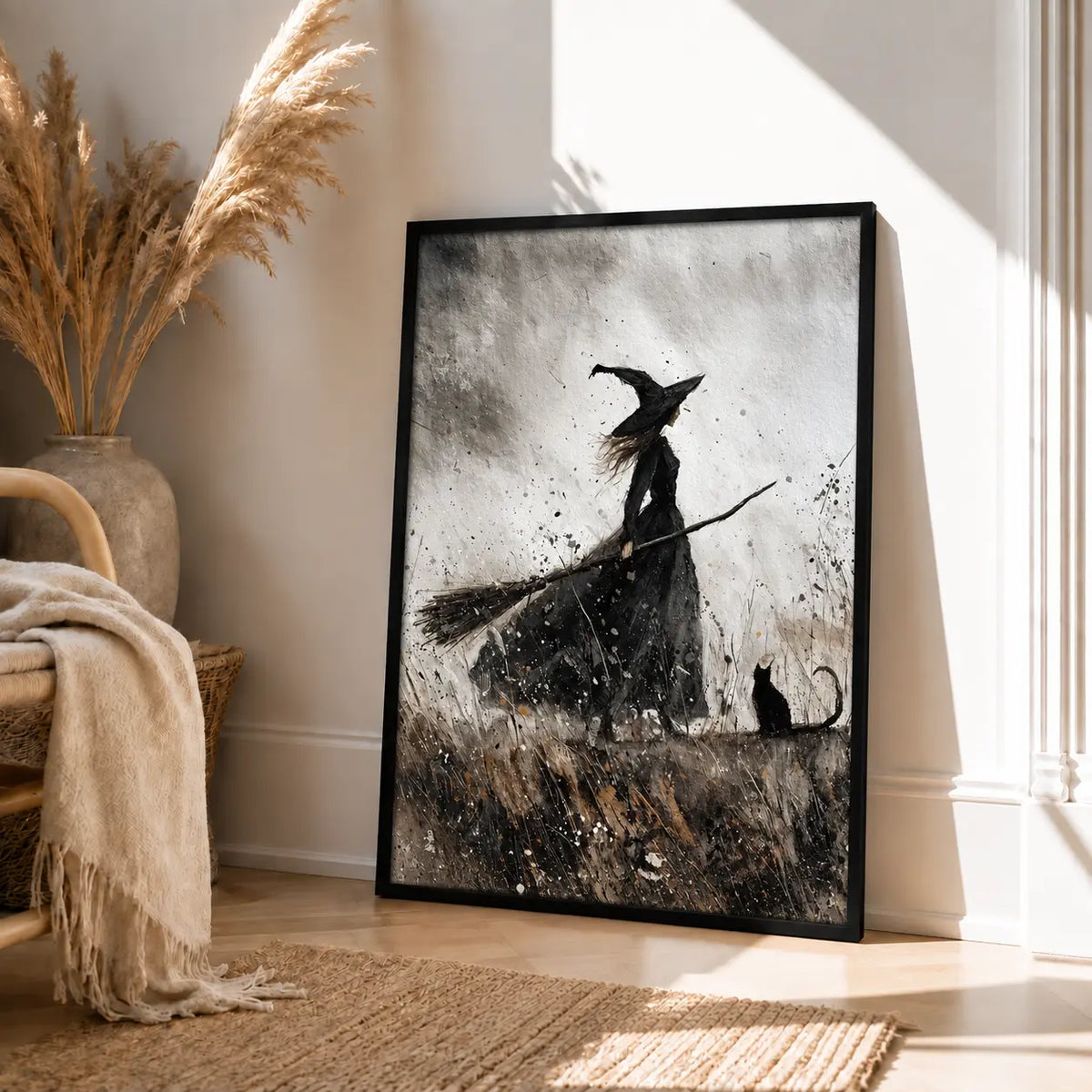 Witch Riding Broom With Black Cat Monochrome Wall Art 4