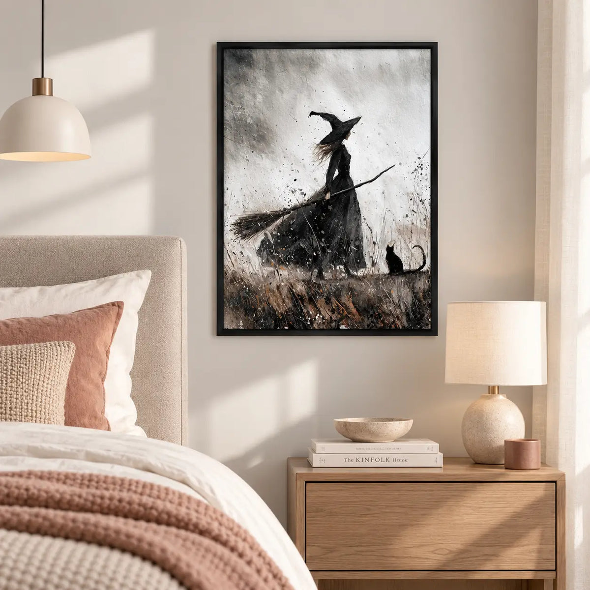 Witch Riding Broom With Black Cat Monochrome Wall Art 5