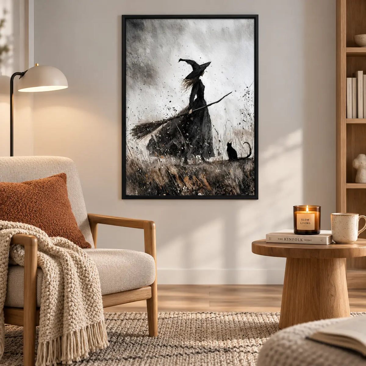 Witch Riding Broom With Black Cat Monochrome Wall Art 6