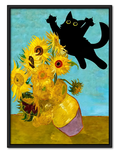 Black Cat And Sunflowers Colorful Wall Art 1