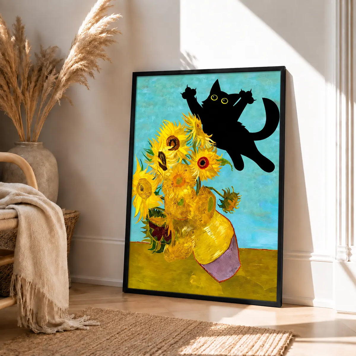 Black Cat And Sunflowers Colorful Wall Art 4