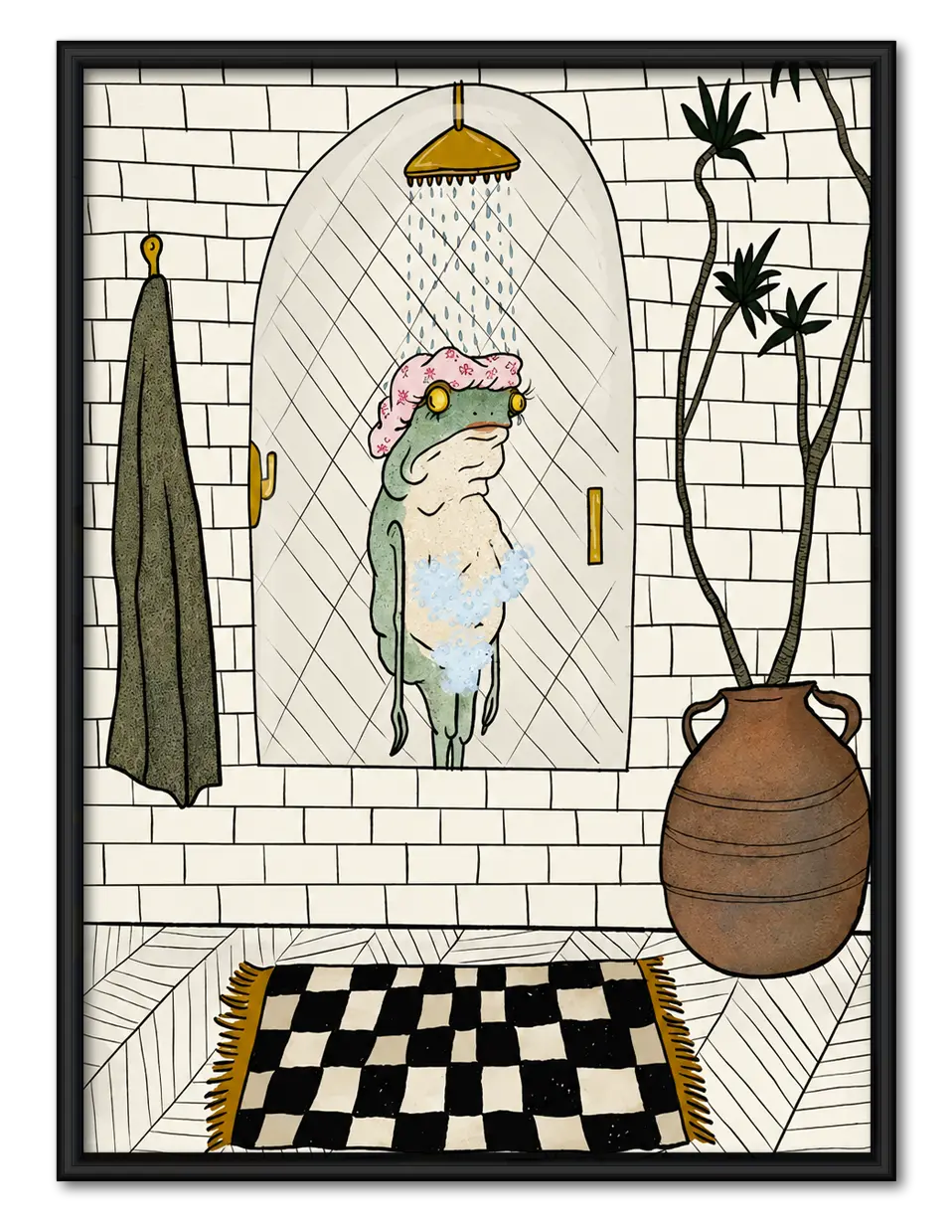 Frog Shower Bathroom Minimal Illustration Wall Art 1
