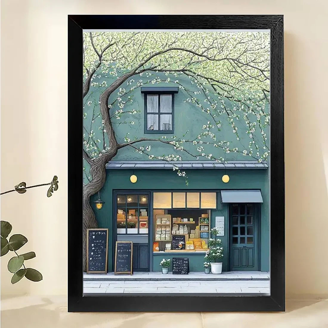 The Tree-Lined Little Shop 鈥?Charming Boutique Street Scene Wall Art on Natural Wood Canvas | W069