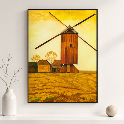 The Golden Windmill Field Warm Rural Landscape Wall Art on Natural Wood Canvas | W370