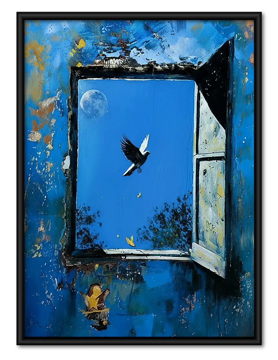 Bird Flying Through Open Blue Window Wall Art 1