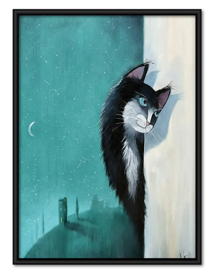 Black and White Cat at Blue Window Wall Art 1