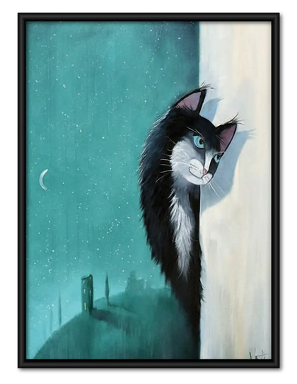 Black and White Cat at Blue Window Wall Art