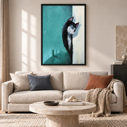 Black and White Cat at Blue Window Wall Art 2